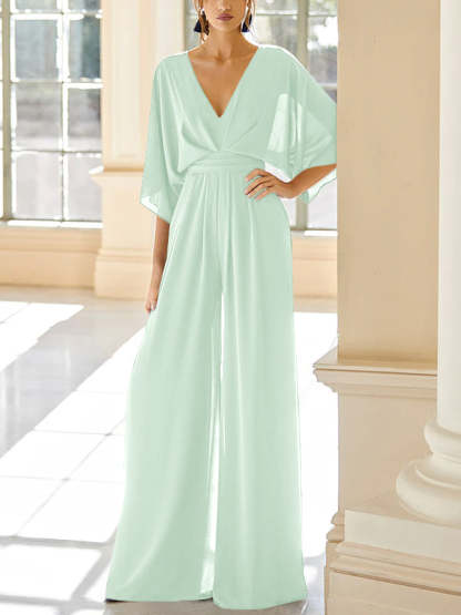 Mother of the Bride V-Neck Chiffon Pantsuit Featuring Pockets-BMbridal