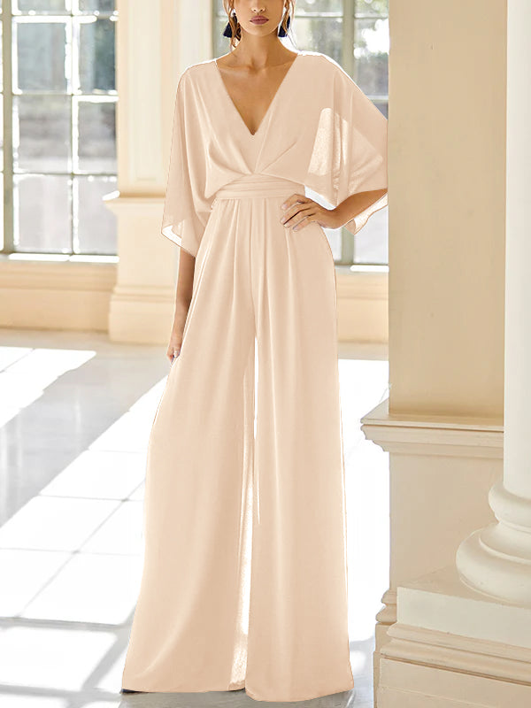 Mother of the Bride V-Neck Chiffon Pantsuit Featuring Pockets-BMbridal