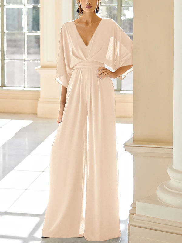 Mother of the Bride V-Neck Chiffon Pantsuit Featuring Pockets-BMbridal