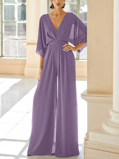 Mother of the Bride V-Neck Chiffon Pantsuit Featuring Pockets-BMbridal