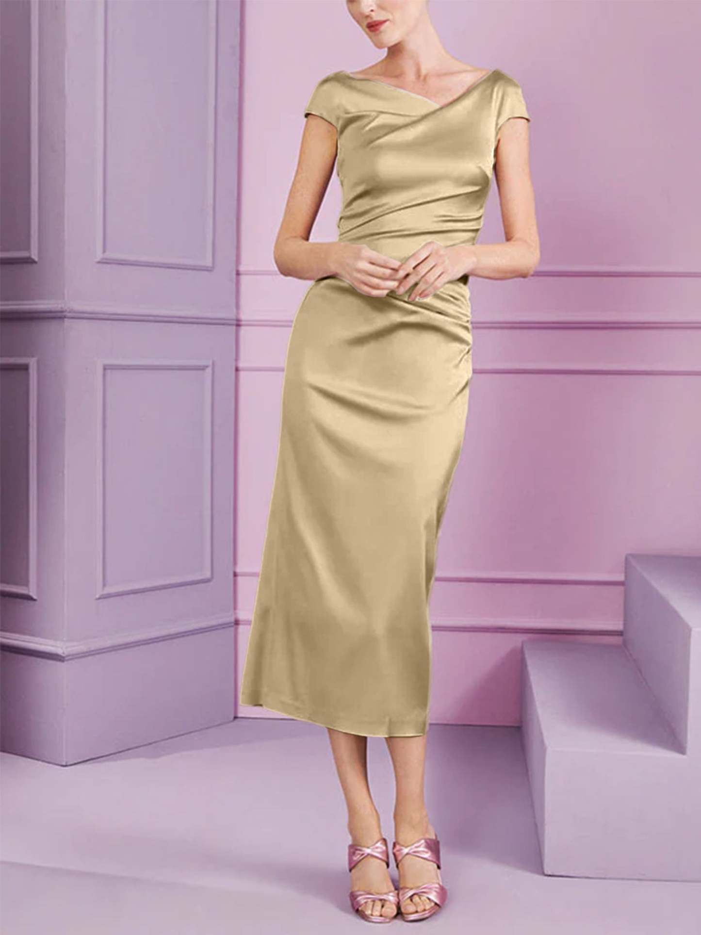 Short Sleeve Tea-Length Cowl Neck Sheath Dress with Ruffles for the Mother of the Bride-BMbridal