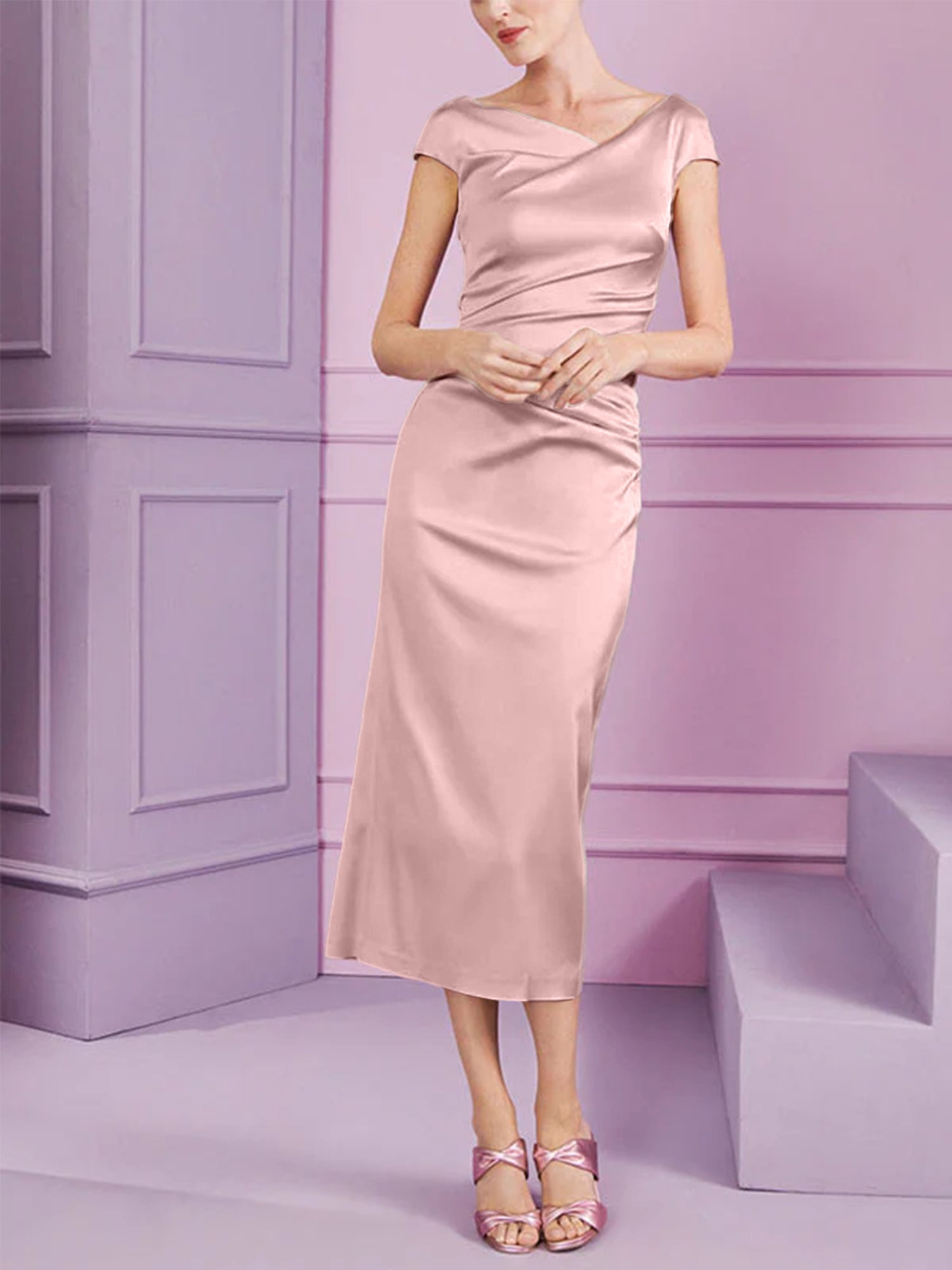 Short Sleeve Tea-Length Cowl Neck Sheath Dress with Ruffles for the Mother of the Bride-BMbridal