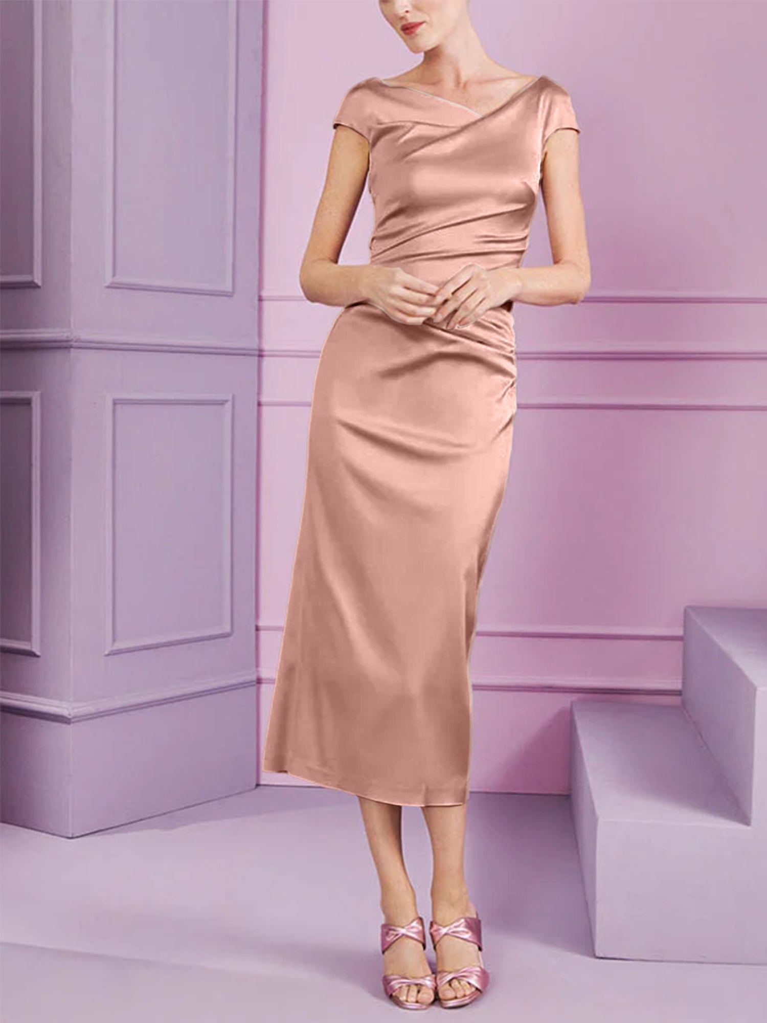 Short Sleeve Tea-Length Cowl Neck Sheath Dress with Ruffles for the Mother of the Bride-BMbridal