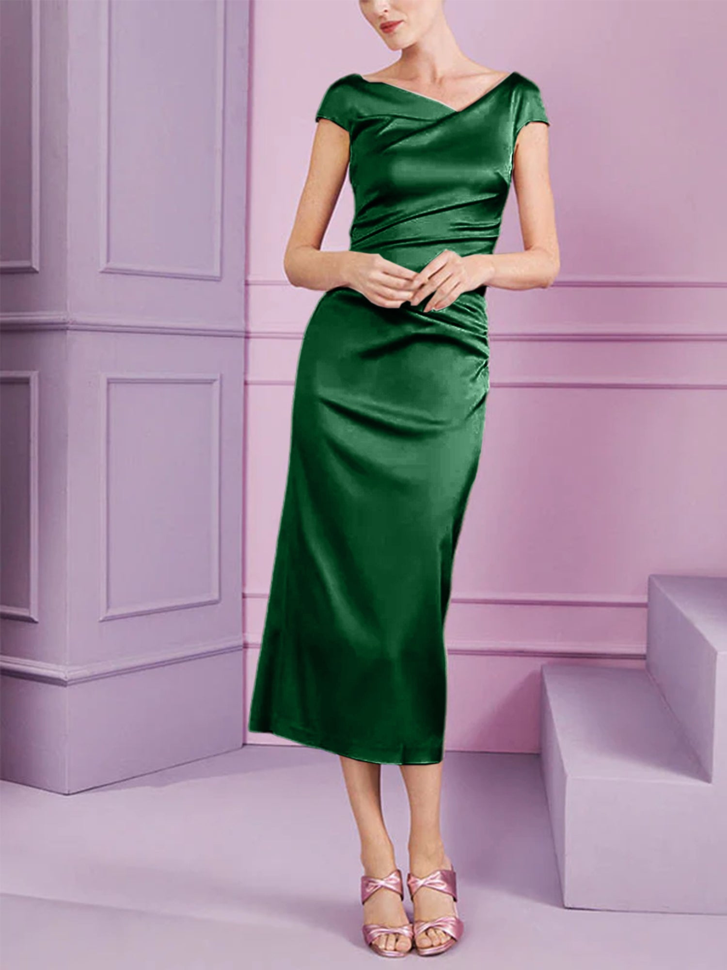 Short Sleeve Tea-Length Cowl Neck Sheath Dress with Ruffles for the Mother of the Bride-BMbridal