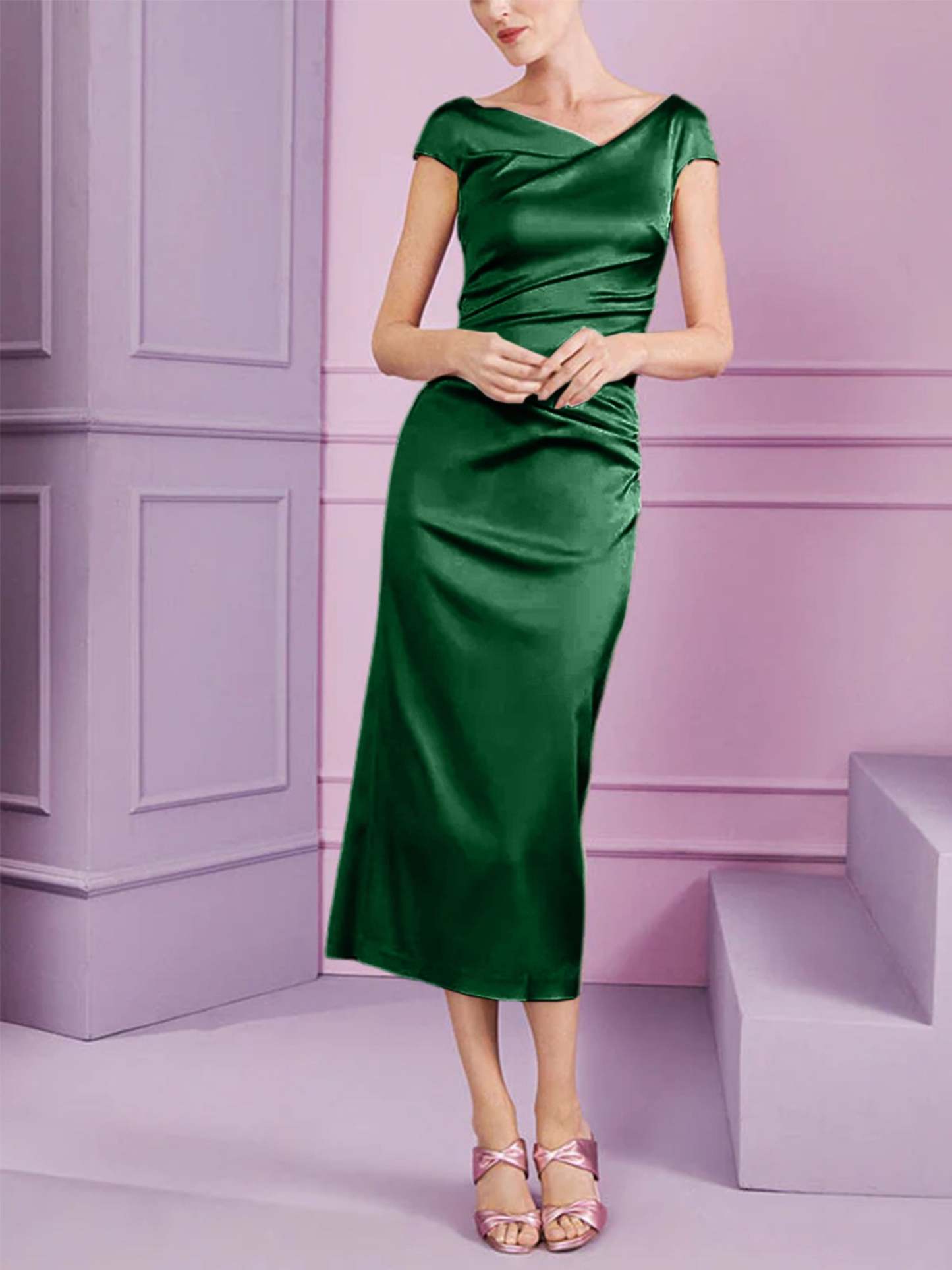 Short Sleeve Tea-Length Cowl Neck Sheath Dress with Ruffles for the Mother of the Bride-BMbridal