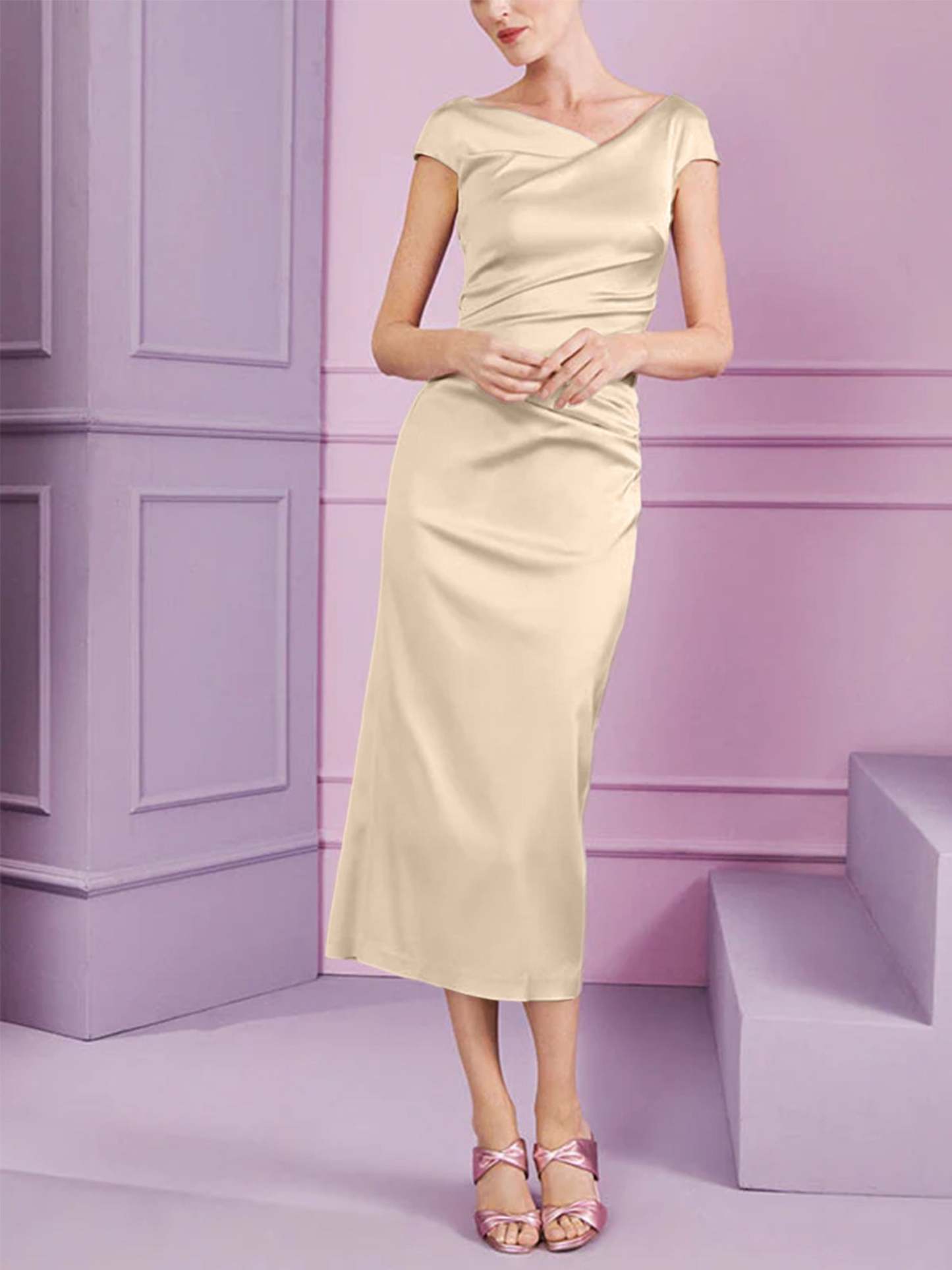 Short Sleeve Tea-Length Cowl Neck Sheath Dress with Ruffles for the Mother of the Bride-BMbridal