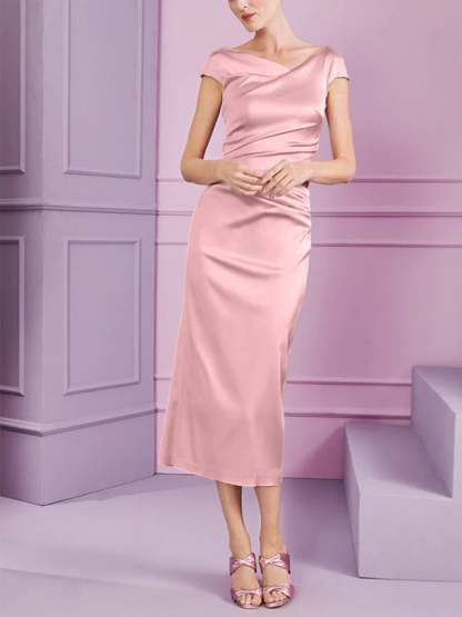 Short Sleeve Tea-Length Cowl Neck Sheath Dress with Ruffles for the Mother of the Bride-BMbridal