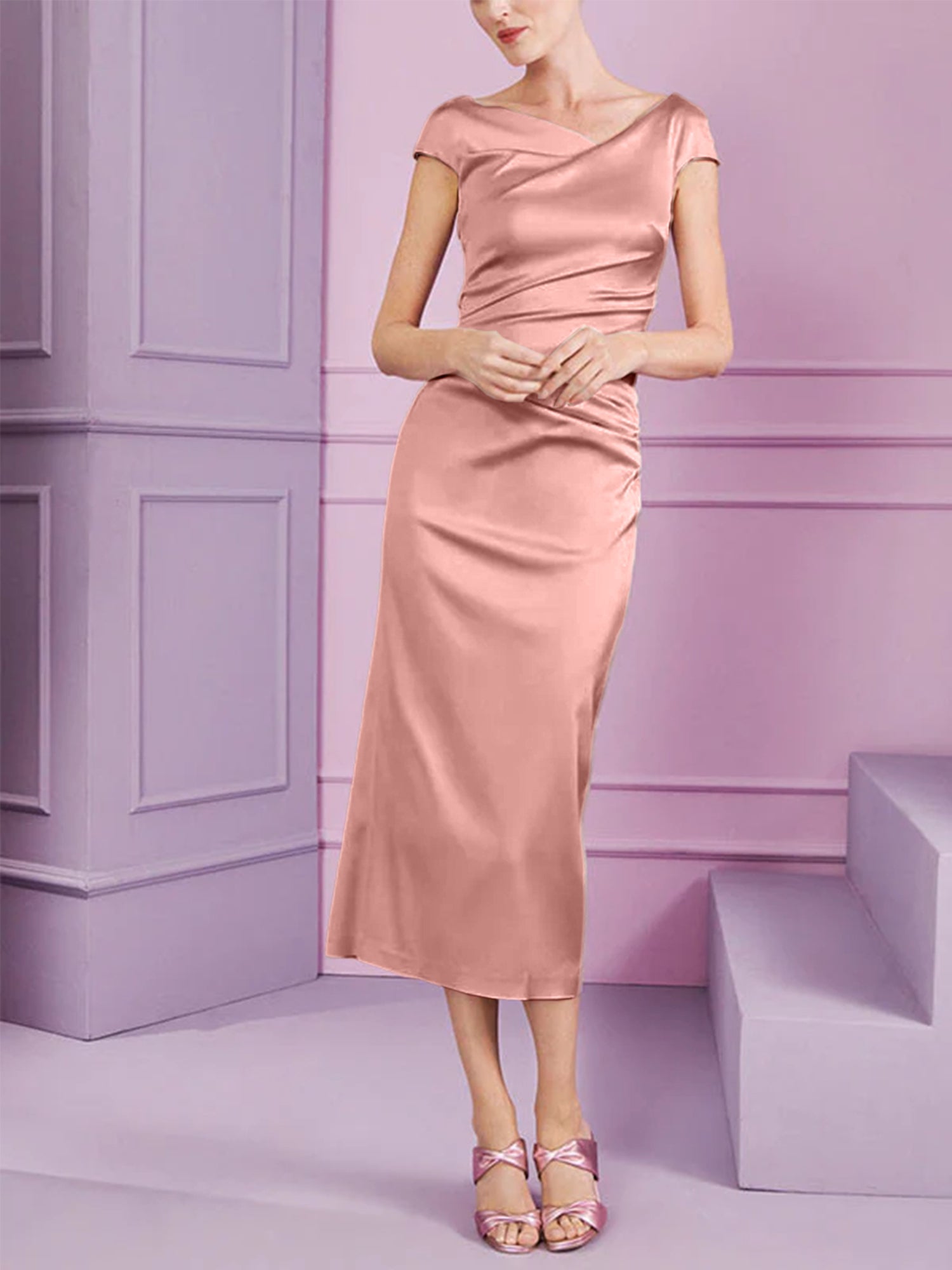 Short Sleeve Tea-Length Cowl Neck Sheath Dress with Ruffles for the Mother of the Bride-BMbridal