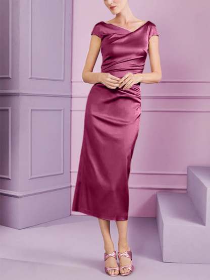 Short Sleeve Tea-Length Cowl Neck Sheath Dress with Ruffles for the Mother of the Bride-BMbridal