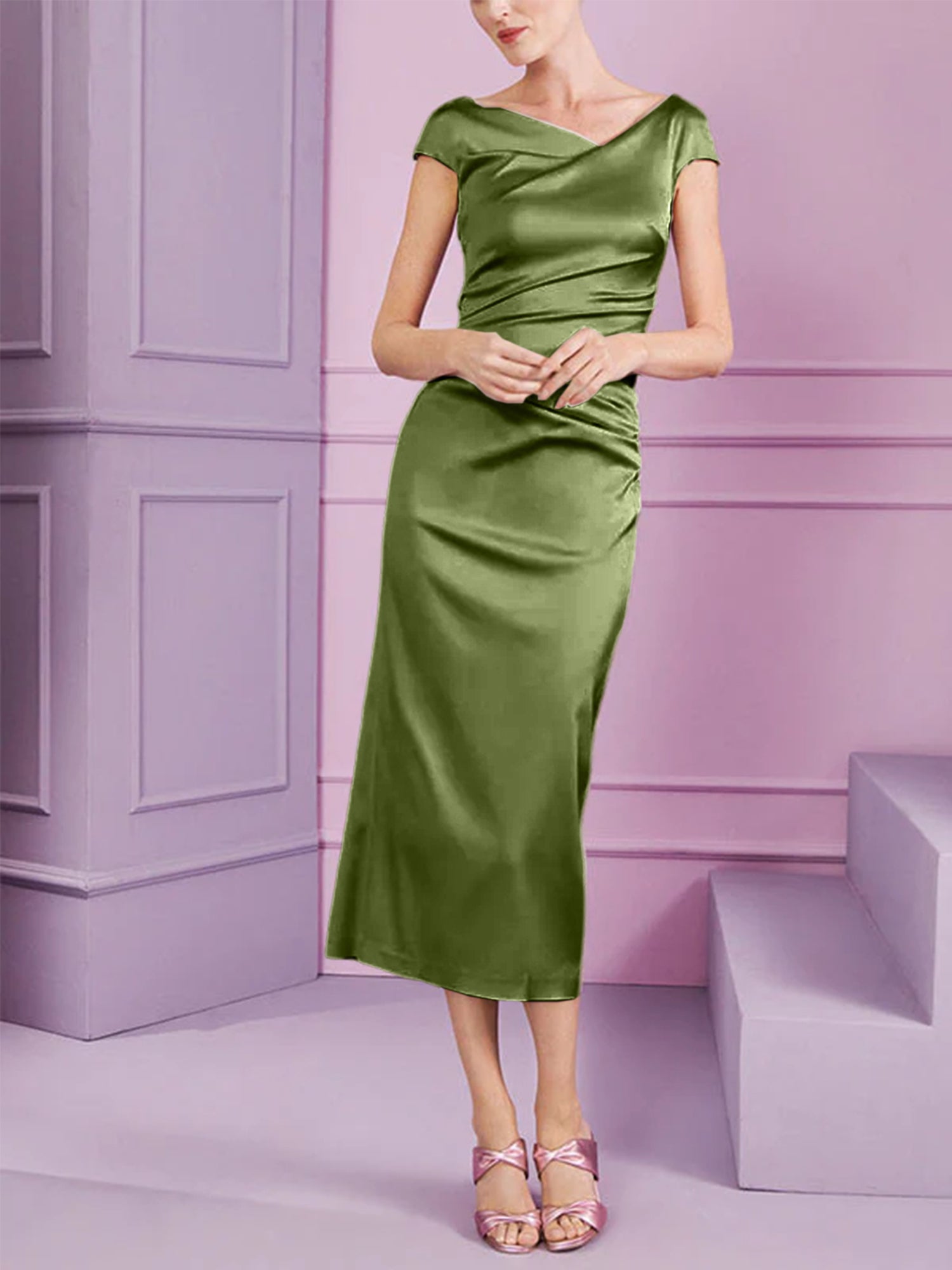 Short Sleeve Tea-Length Cowl Neck Sheath Dress with Ruffles for the Mother of the Bride-BMbridal
