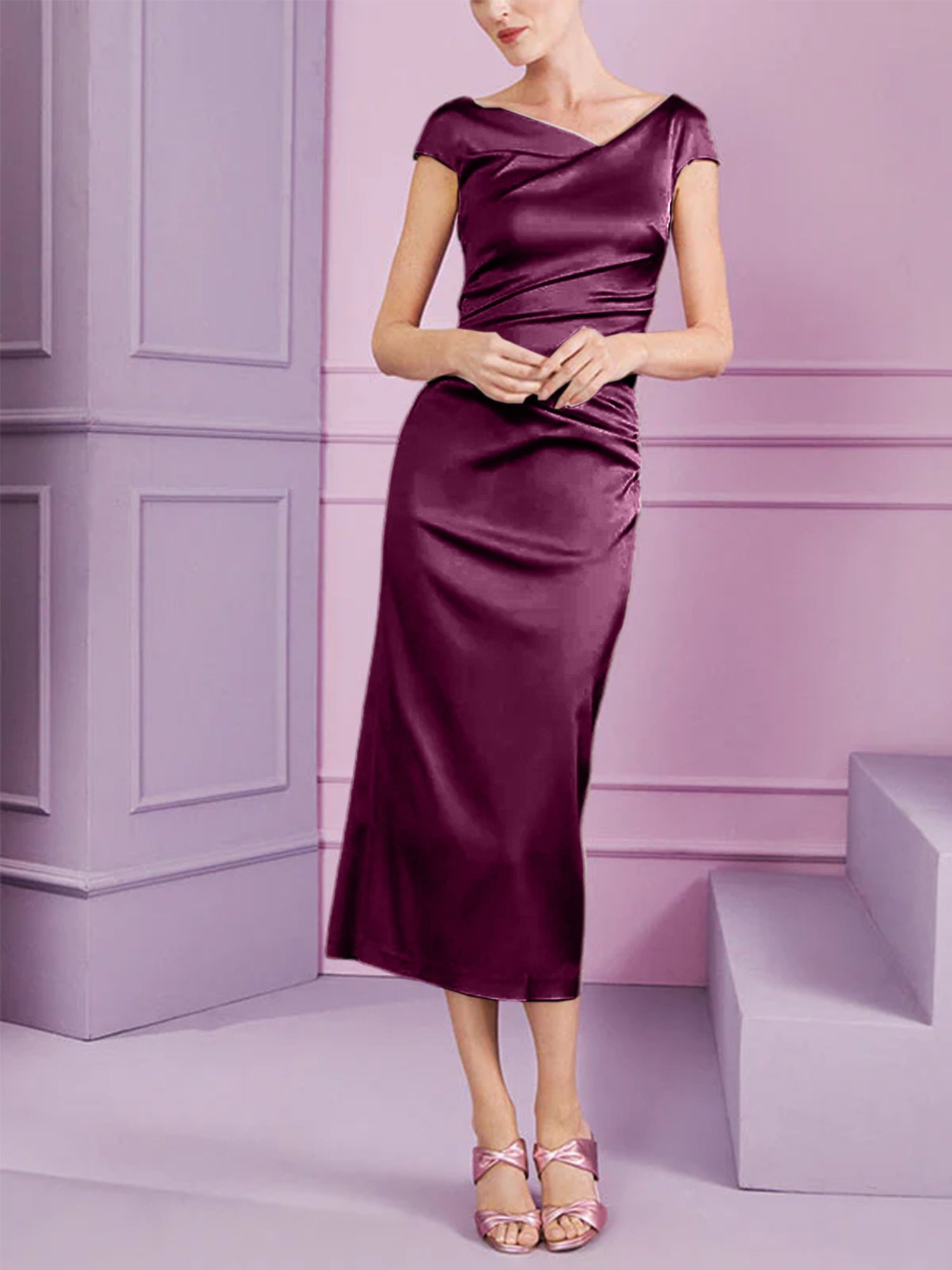 Short Sleeve Tea-Length Cowl Neck Sheath Dress with Ruffles for the Mother of the Bride-BMbridal
