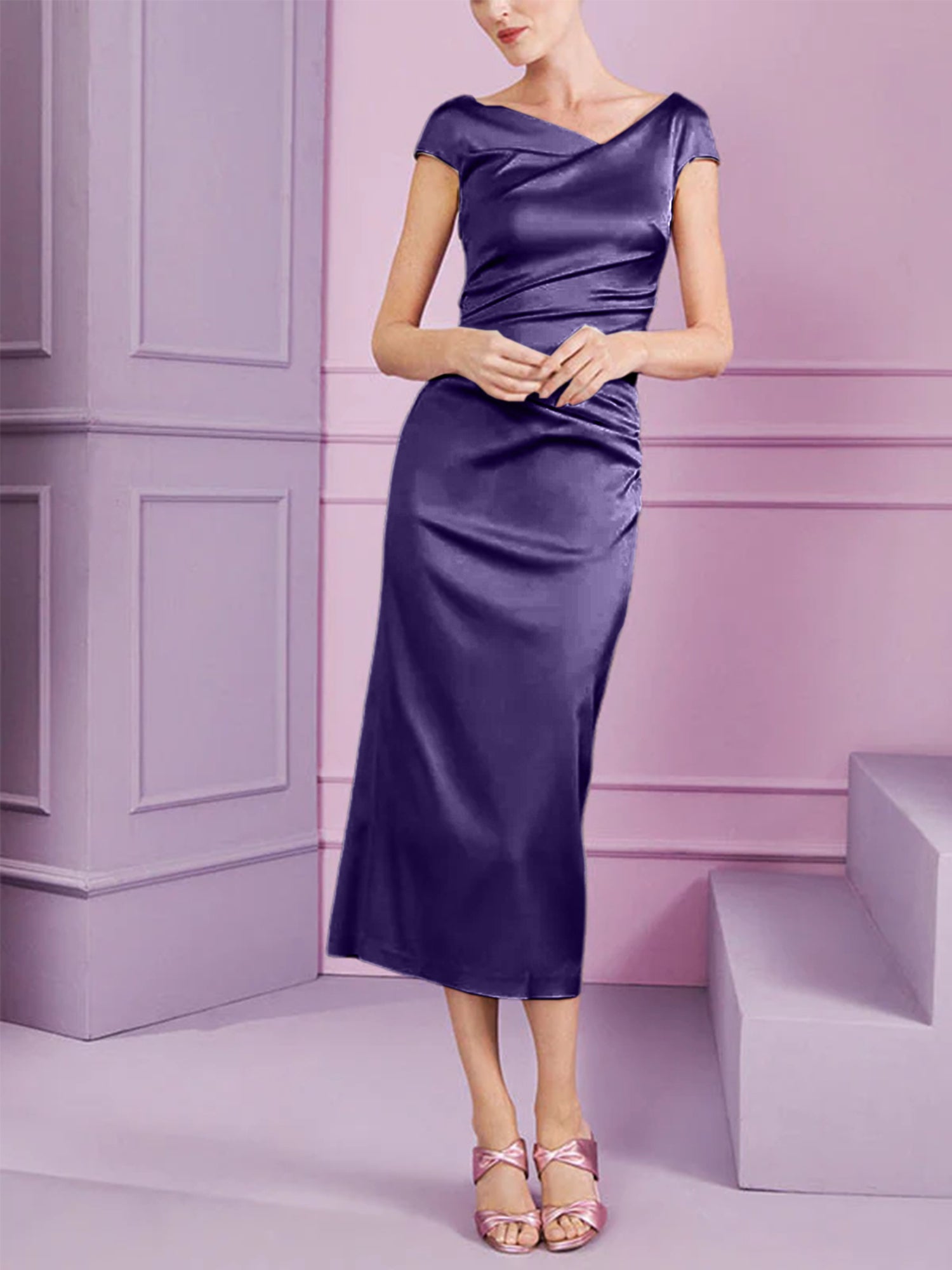 Short Sleeve Tea-Length Cowl Neck Sheath Dress with Ruffles for the Mother of the Bride-BMbridal