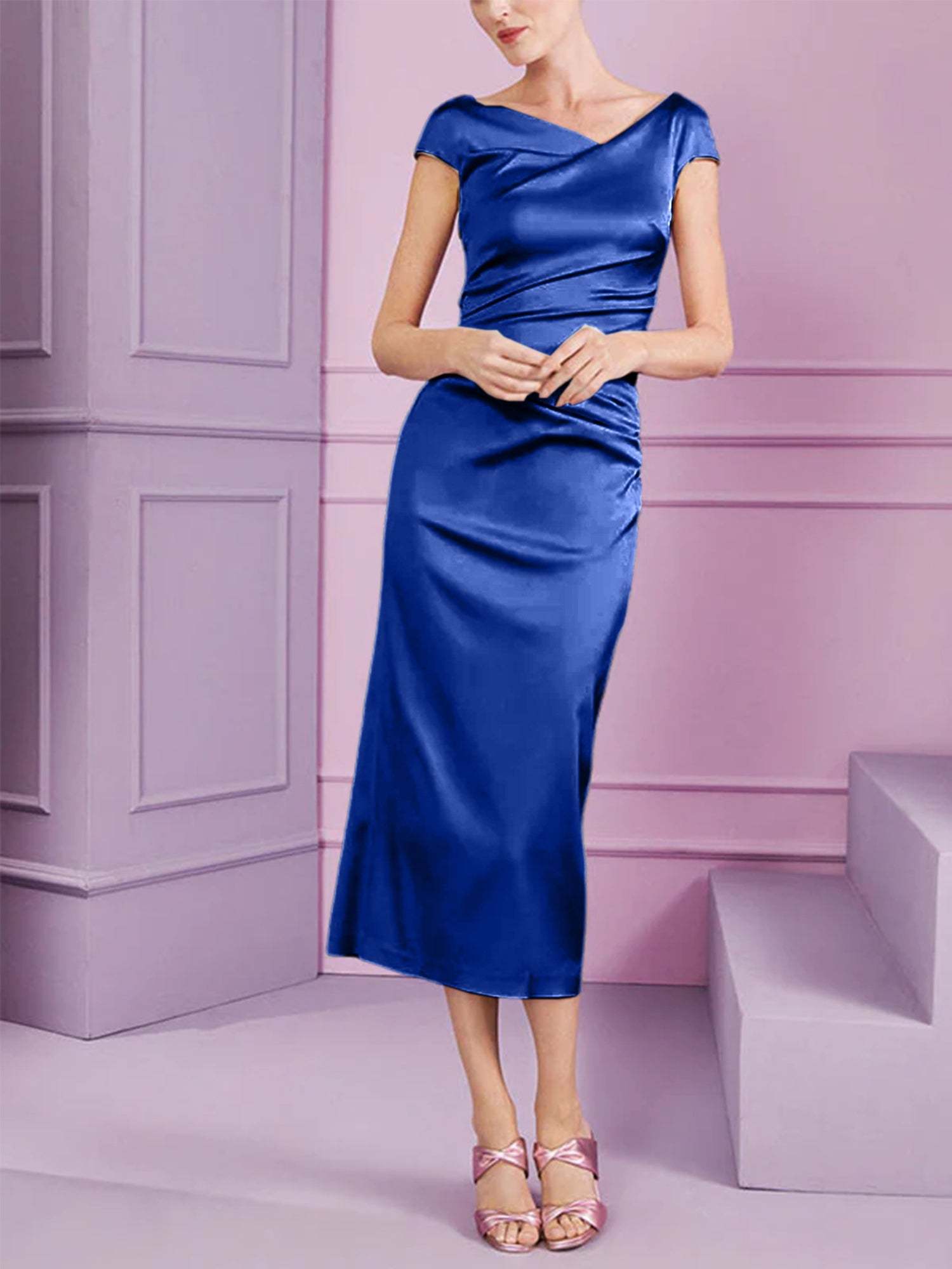 Short Sleeve Tea-Length Cowl Neck Sheath Dress with Ruffles for the Mother of the Bride-BMbridal