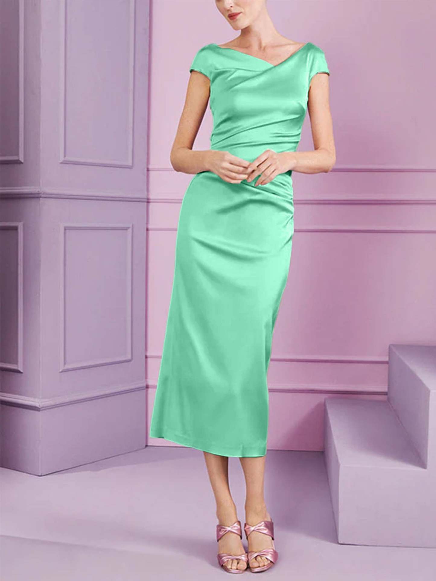 Short Sleeve Tea-Length Cowl Neck Sheath Dress with Ruffles for the Mother of the Bride-BMbridal