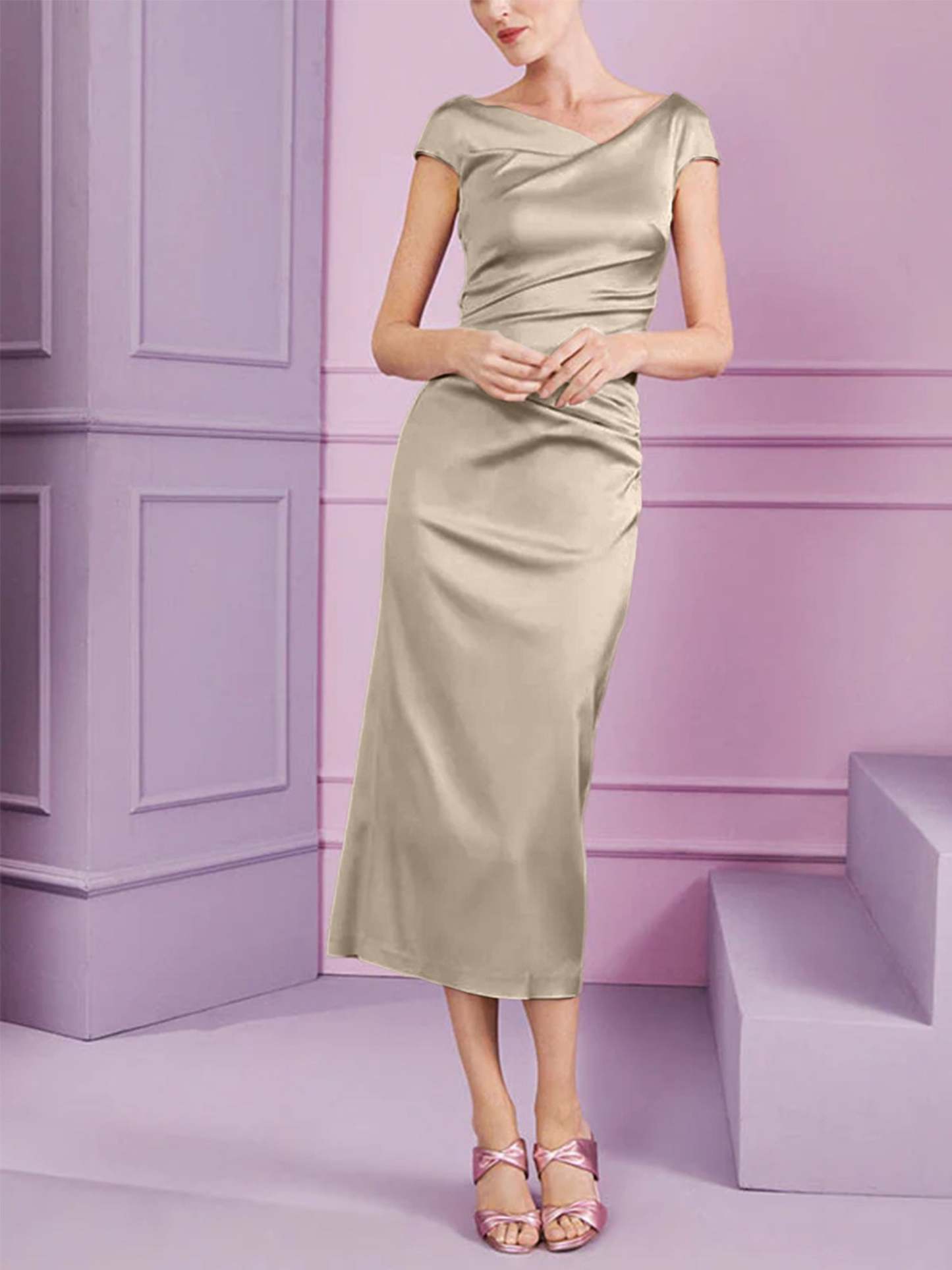 Short Sleeve Tea-Length Cowl Neck Sheath Dress with Ruffles for the Mother of the Bride-BMbridal