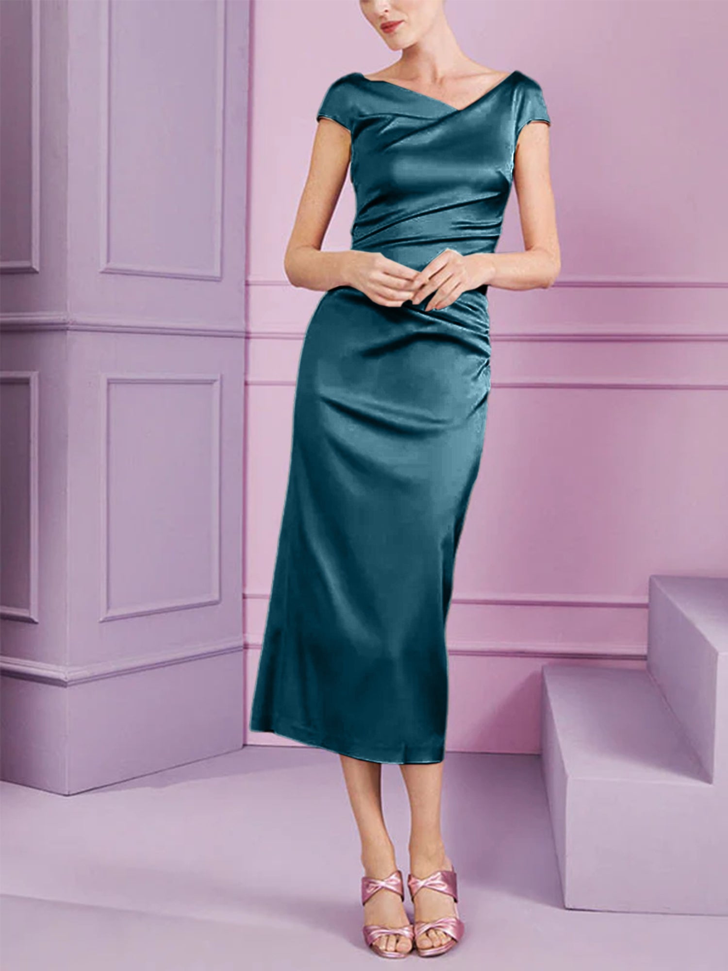Short Sleeve Tea-Length Cowl Neck Sheath Dress with Ruffles for the Mother of the Bride-BMbridal