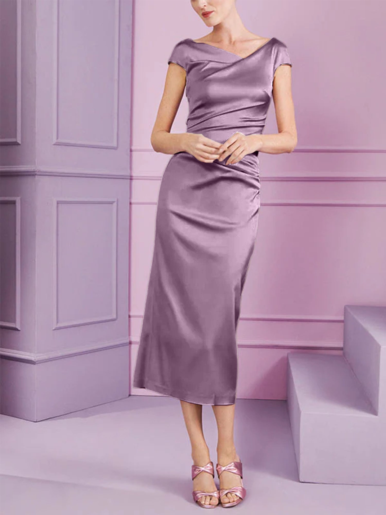 Short Sleeve Tea-Length Cowl Neck Sheath Dress with Ruffles for the Mother of the Bride-BMbridal