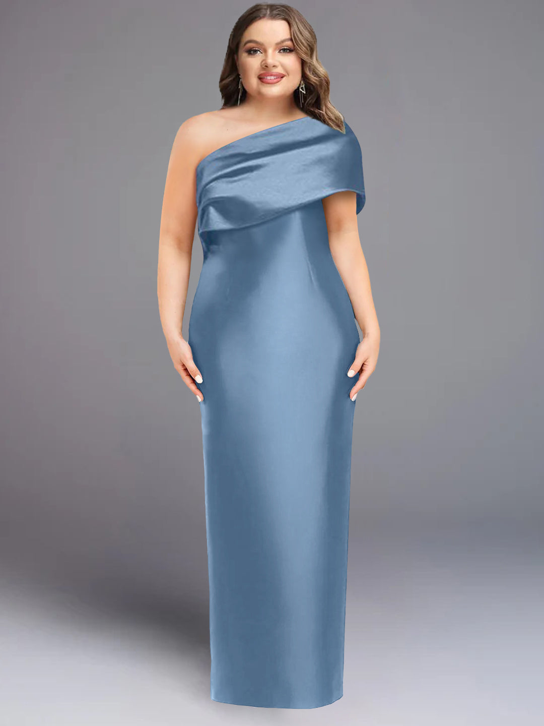 One-Shoulder Sleeveless Plus Size Floor-Length Sheath Dress with Bowknot for Mother of the Bride-BMbridal