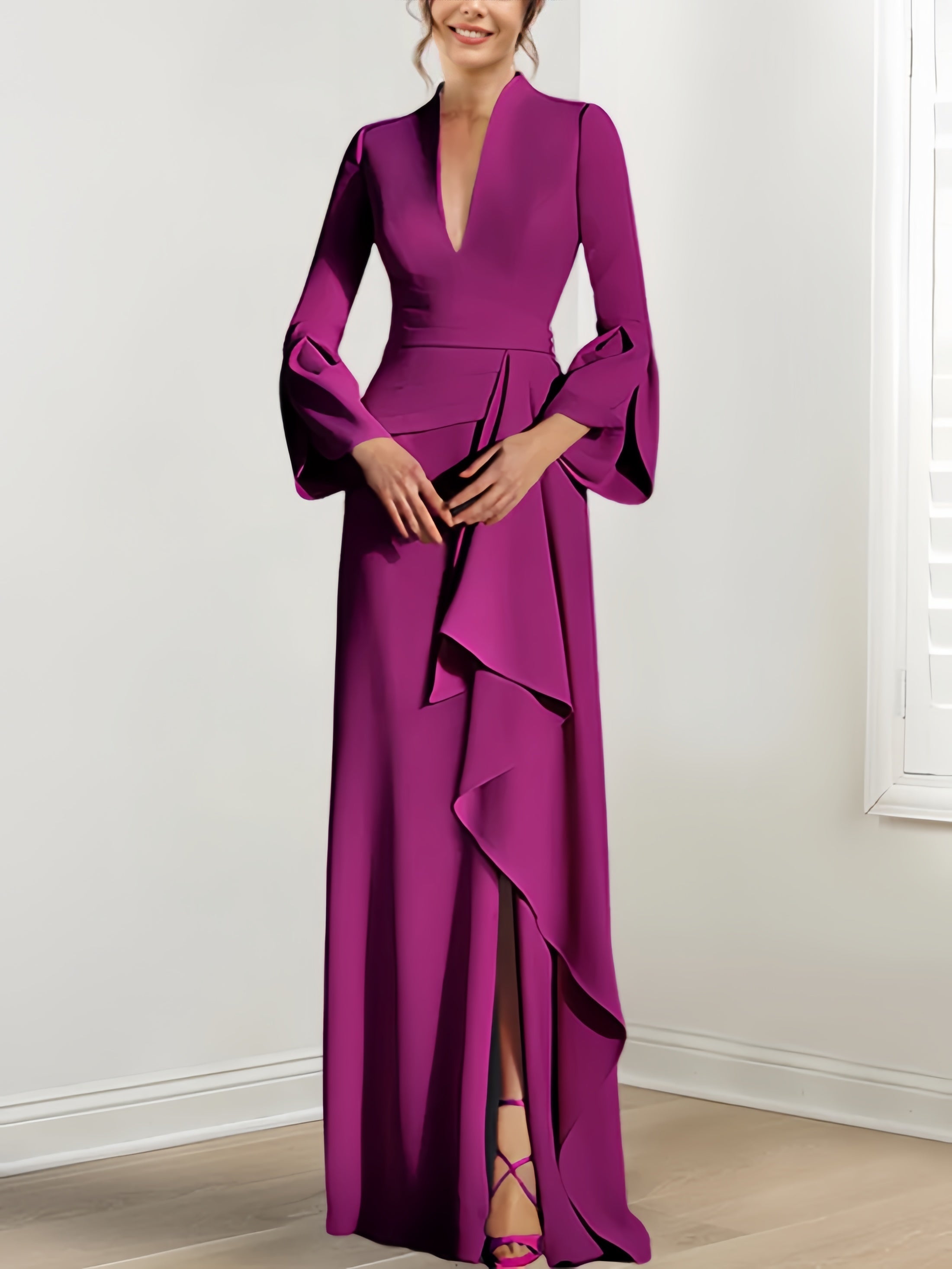 V-Neck Floor-Length Mother of the Bride Dress With Side Split and Long Sleeves-BMbridal