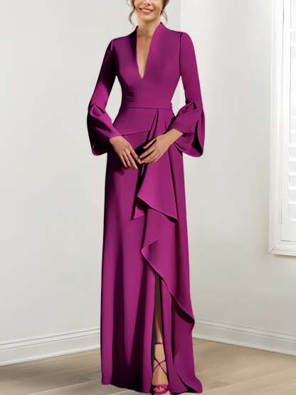 V-Neck Floor-Length Mother of the Bride Dress With Side Split and Long Sleeves-BMbridal