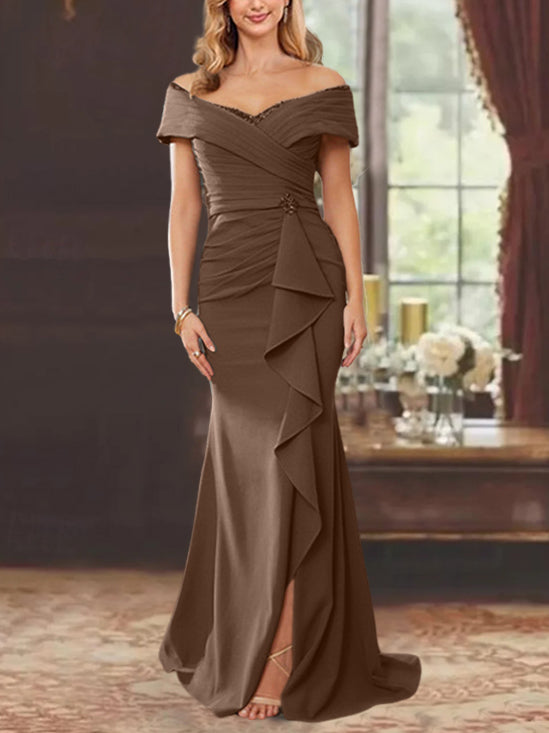 Off-the-Shoulder Ruffled Floor-Length Sheath Dress for the Mother of the Bride-BMbridal