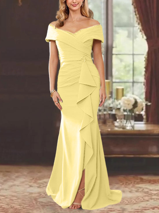 Off-the-Shoulder Ruffled Floor-Length Sheath Dress for the Mother of the Bride-BMbridal