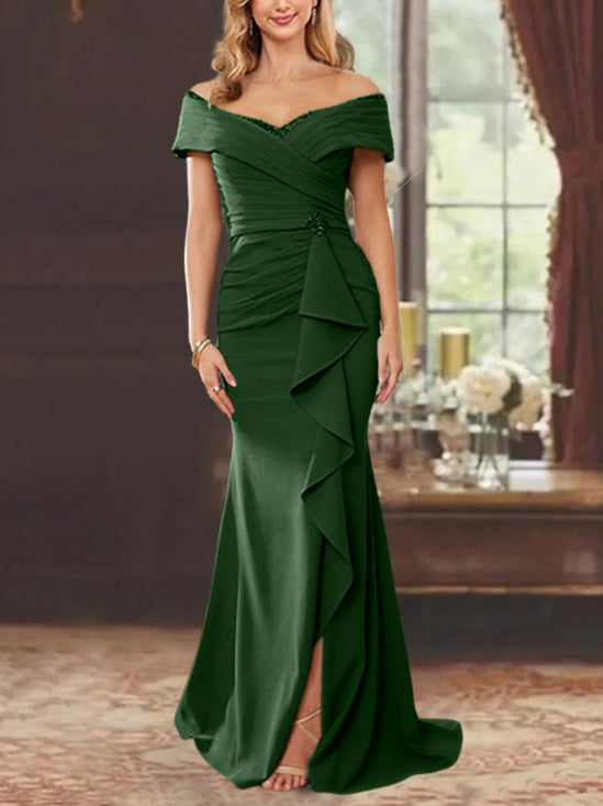 Off-the-Shoulder Ruffled Floor-Length Sheath Dress for the Mother of the Bride-BMbridal