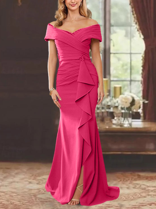 Off-the-Shoulder Ruffled Floor-Length Sheath Dress for the Mother of the Bride-BMbridal