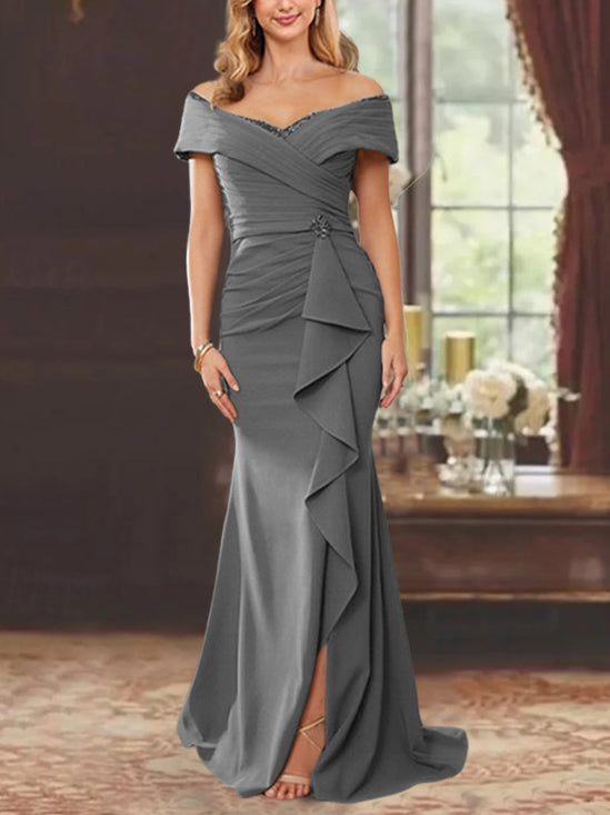 Off-the-Shoulder Ruffled Floor-Length Sheath Dress for the Mother of the Bride-BMbridal