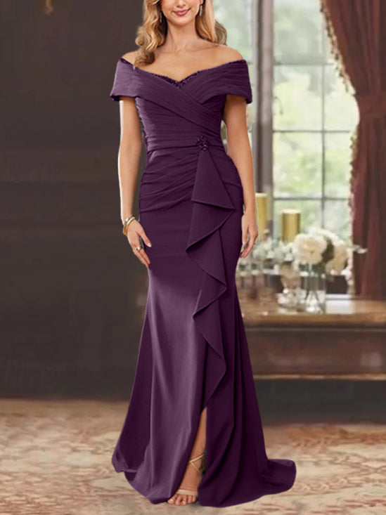 Off-the-Shoulder Ruffled Floor-Length Sheath Dress for the Mother of the Bride-BMbridal