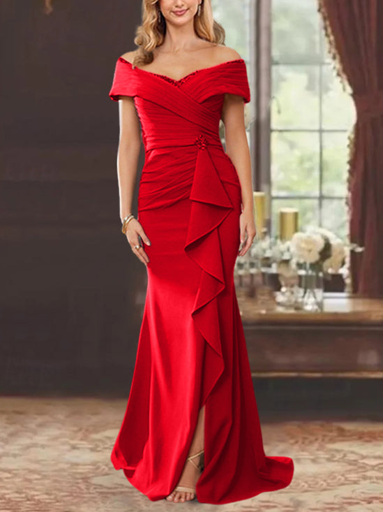 Off-the-Shoulder Ruffled Floor-Length Sheath Dress for the Mother of the Bride-BMbridal
