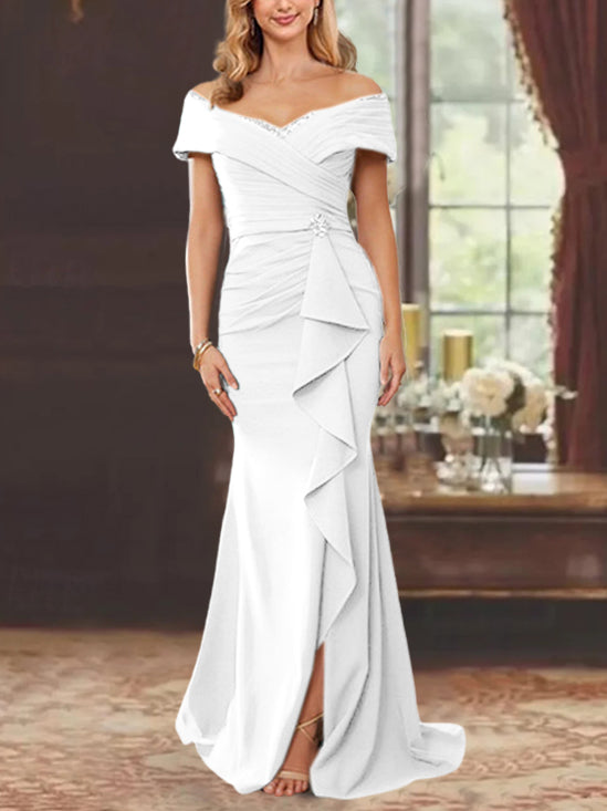 Off-the-Shoulder Ruffled Floor-Length Sheath Dress for the Mother of the Bride-BMbridal