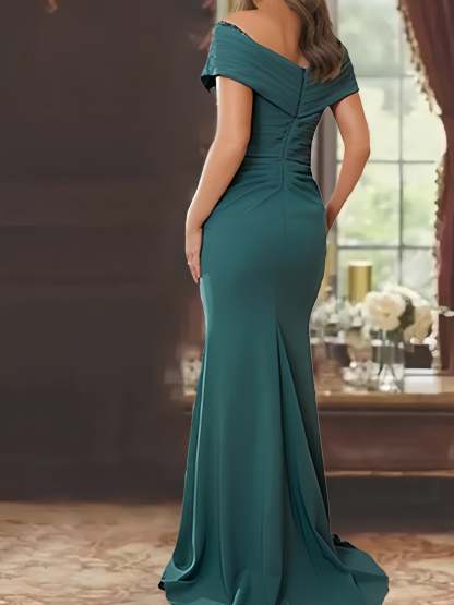 Off-the-Shoulder Ruffled Floor-Length Sheath Dress for the Mother of the Bride-BMbridal