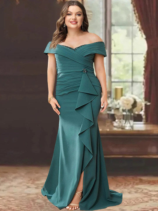 Off-the-Shoulder Ruffled Floor-Length Sheath Dress for the Mother of the Bride-BMbridal