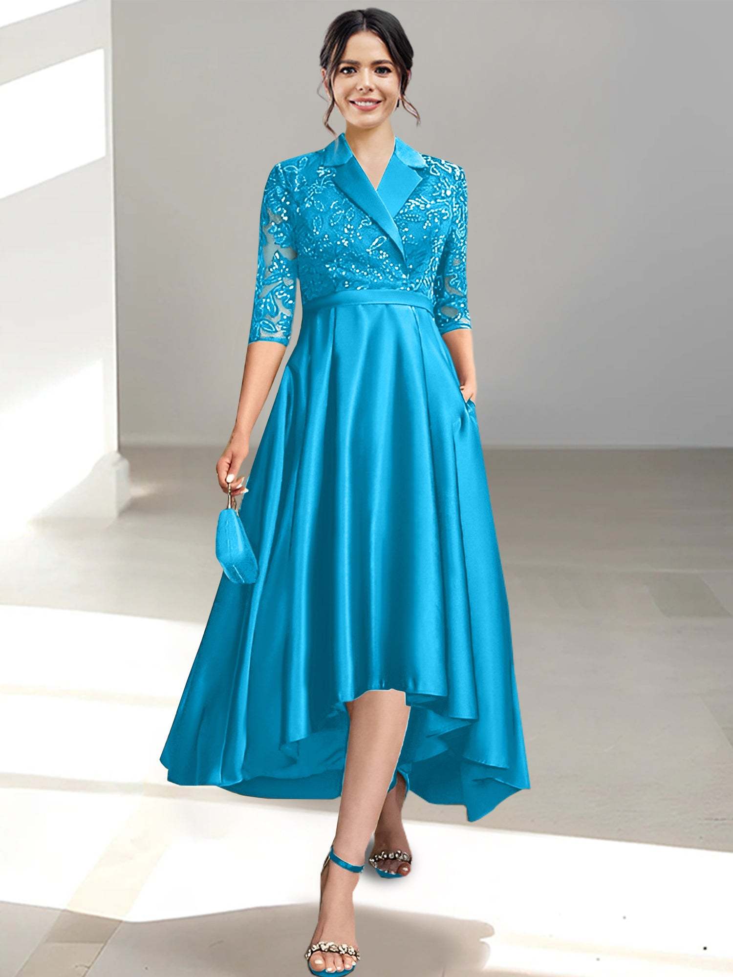 V-Neck Tea-Length Sheath/Column Dresses for the Mother of the Bride