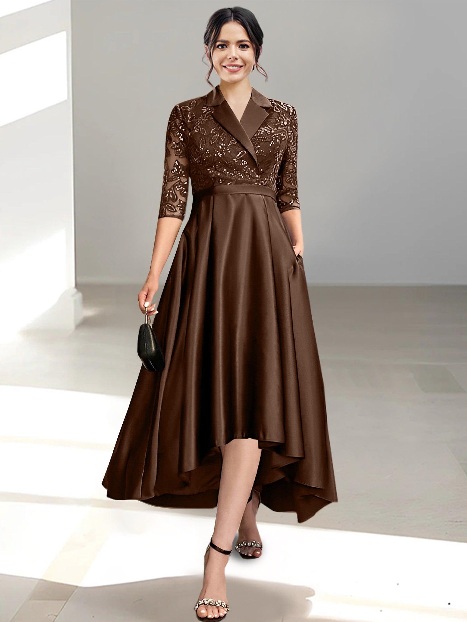 V-Neck Tea-Length Sheath/Column Dresses for the Mother of the Bride