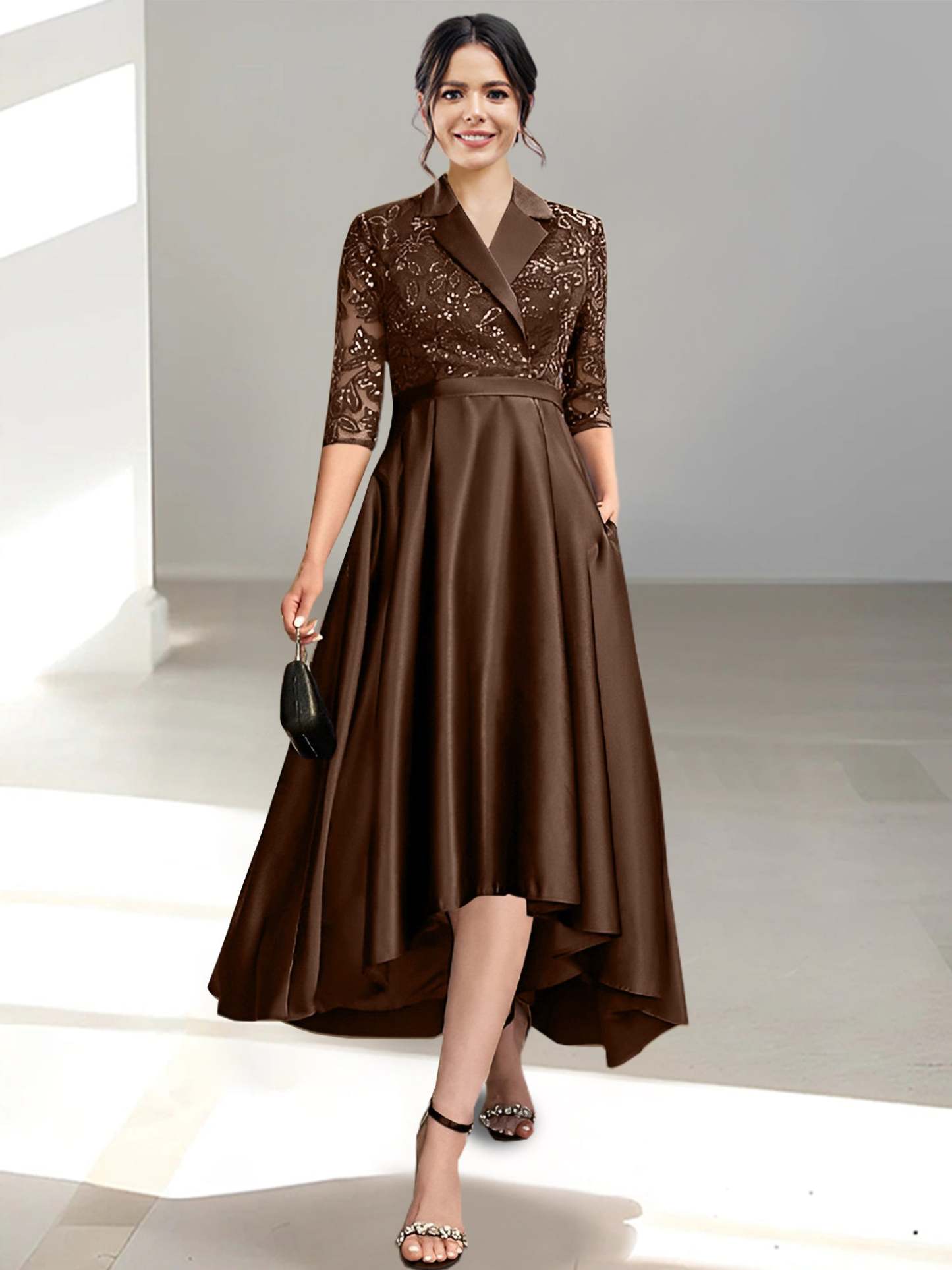 V-Neck Tea-Length Sheath/Column Dresses for the Mother of the Bride