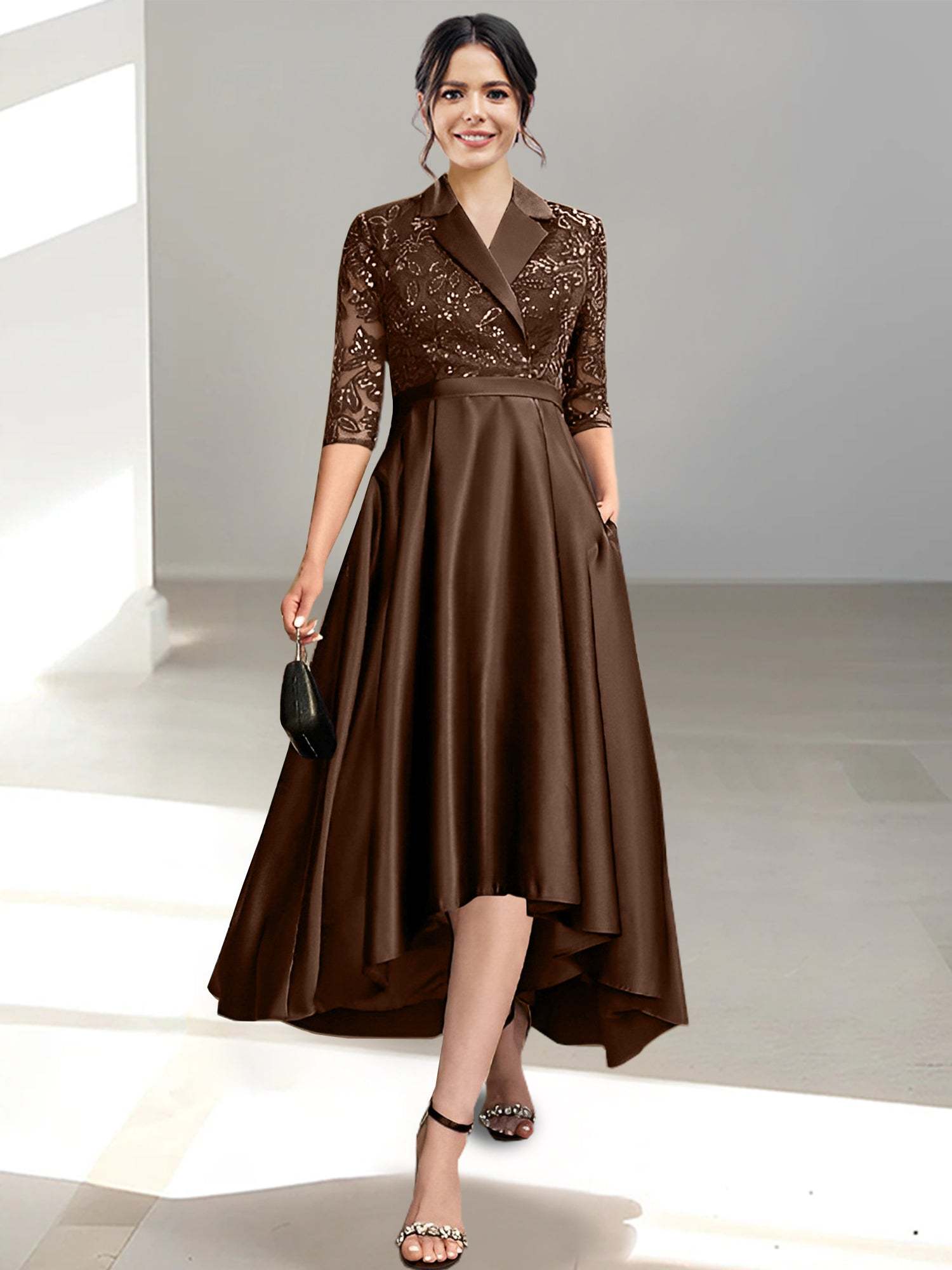 V-Neck Tea-Length Sheath/Column Dresses for the Mother of the Bride