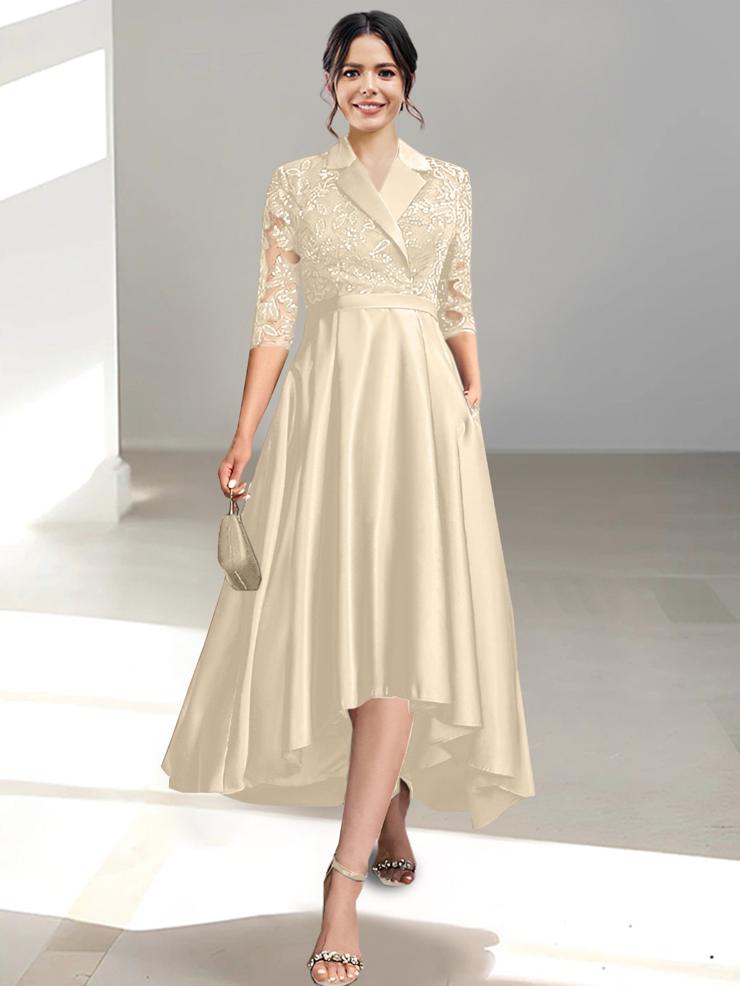 V-Neck Tea-Length Sheath/Column Dresses for the Mother of the Bride