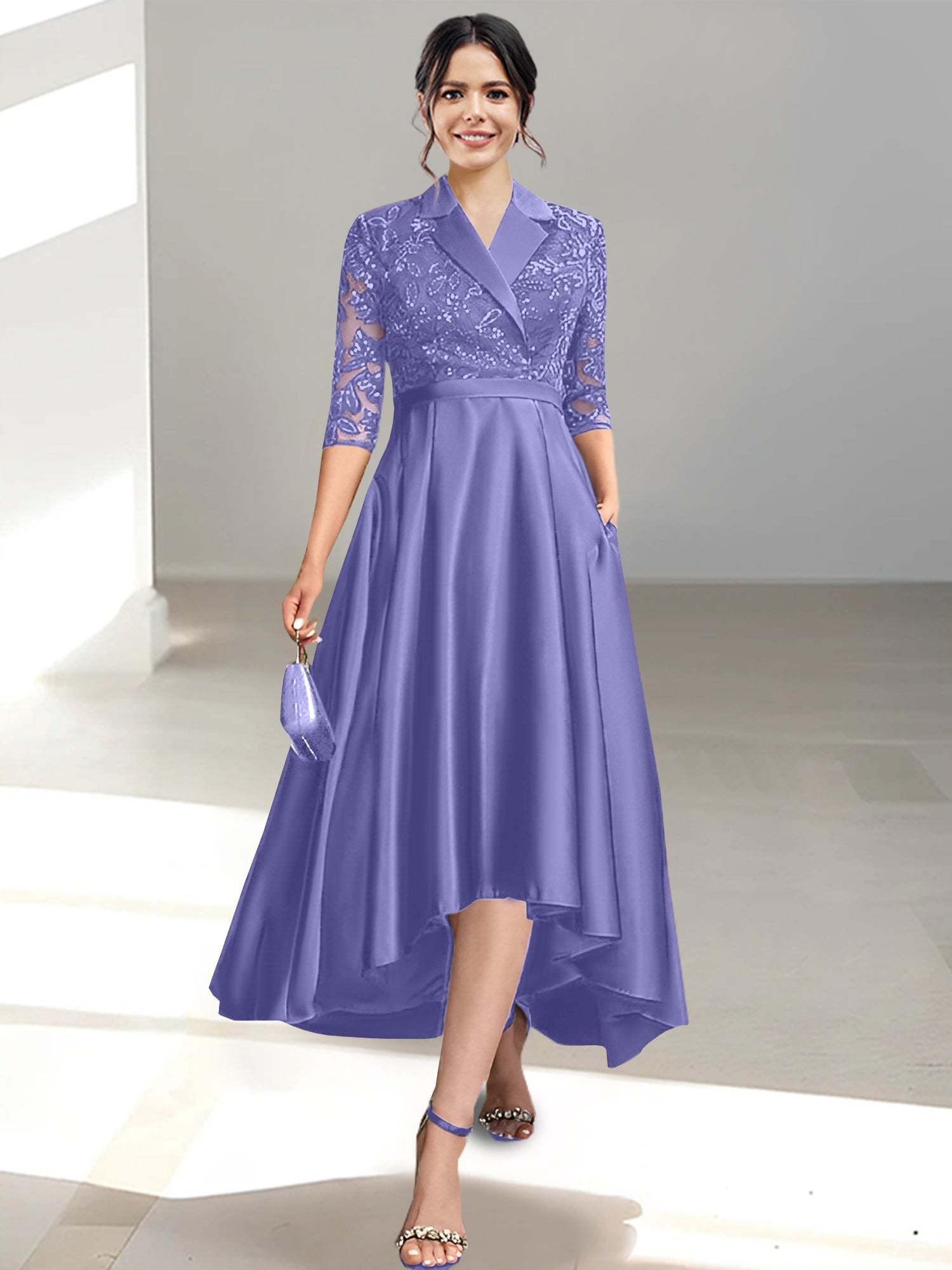 V-Neck Tea-Length Sheath/Column Dresses for the Mother of the Bride