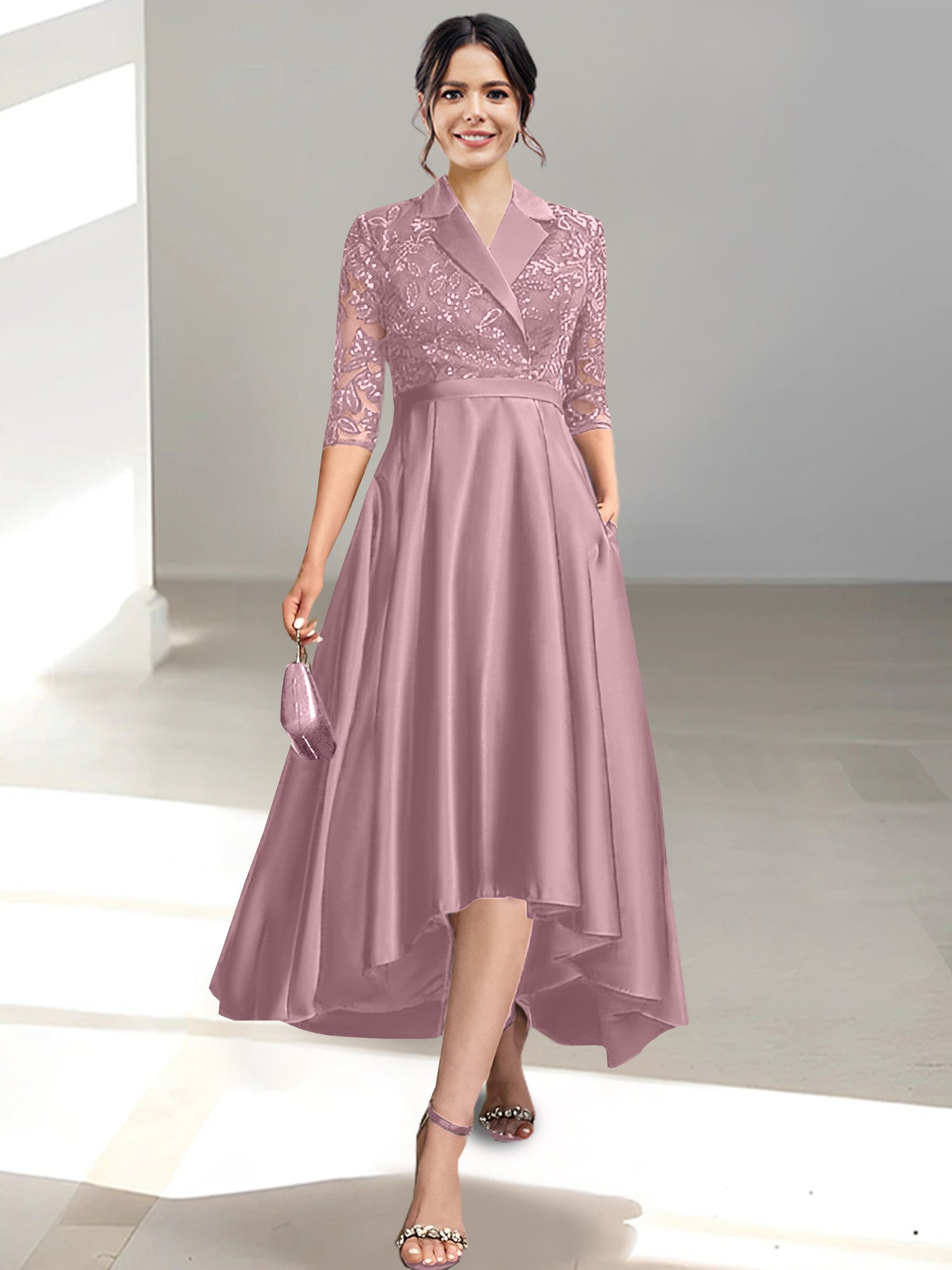 V-Neck Tea-Length Sheath/Column Dresses for the Mother of the Bride