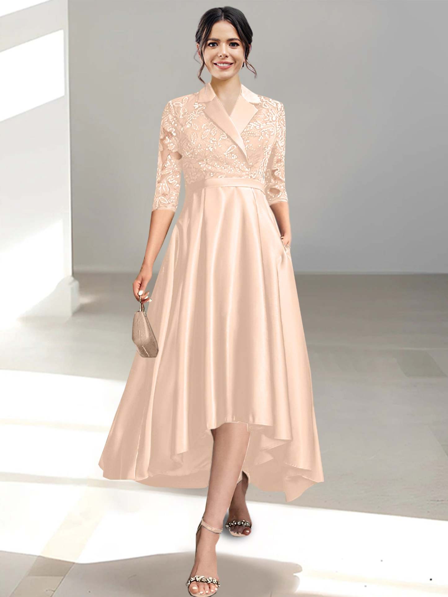V-Neck Tea-Length Sheath/Column Dresses for the Mother of the Bride