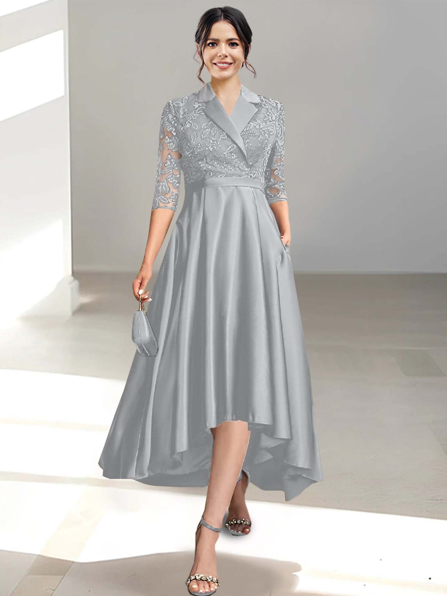 V-Neck Tea-Length Sheath/Column Dresses for the Mother of the Bride