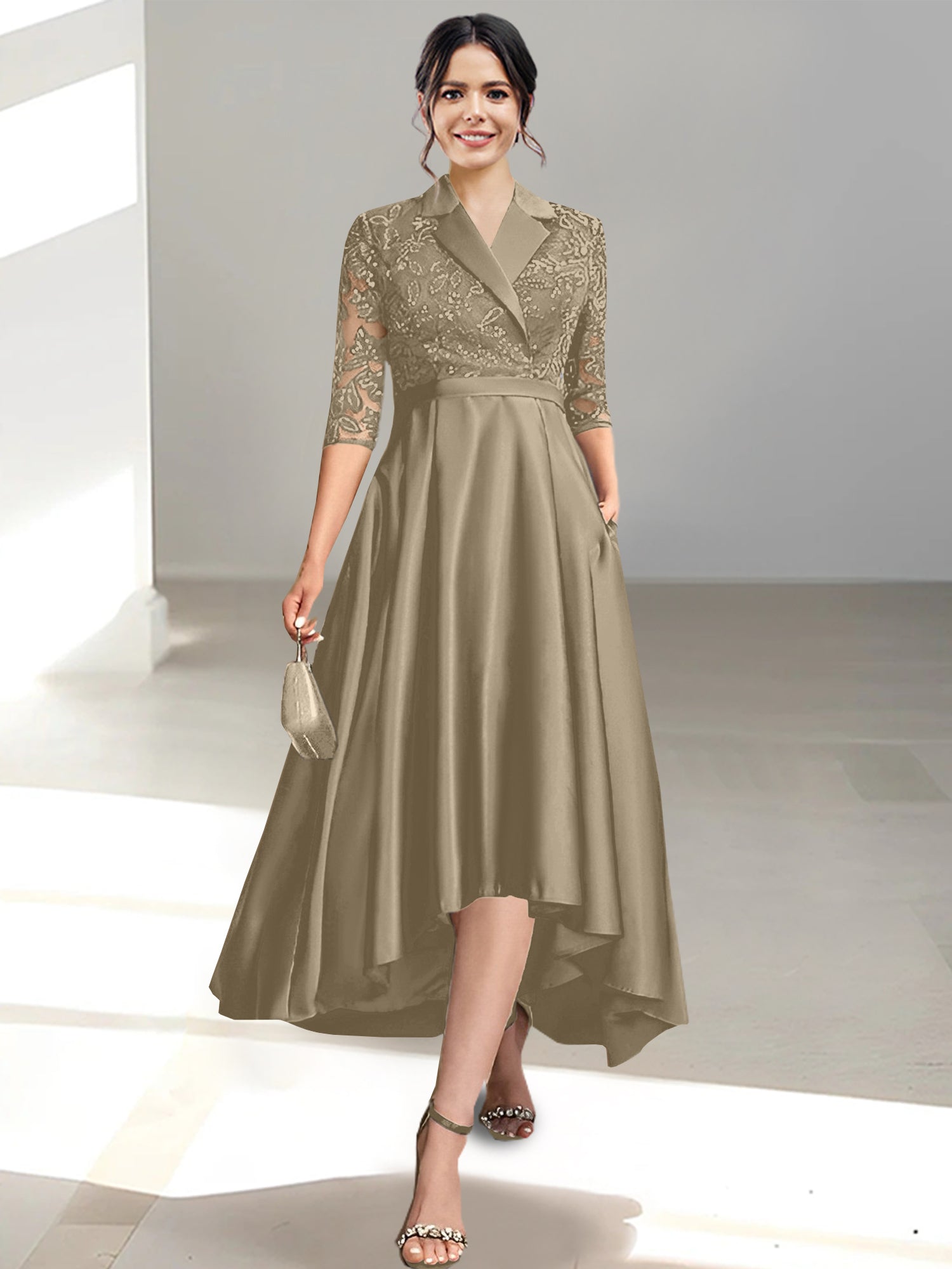V-Neck Tea-Length Sheath/Column Dresses for the Mother of the Bride