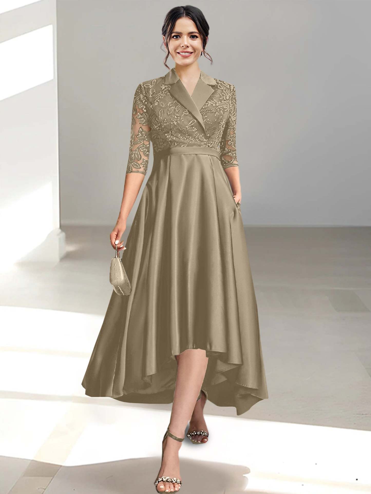 V-Neck Tea-Length Sheath/Column Dresses for the Mother of the Bride