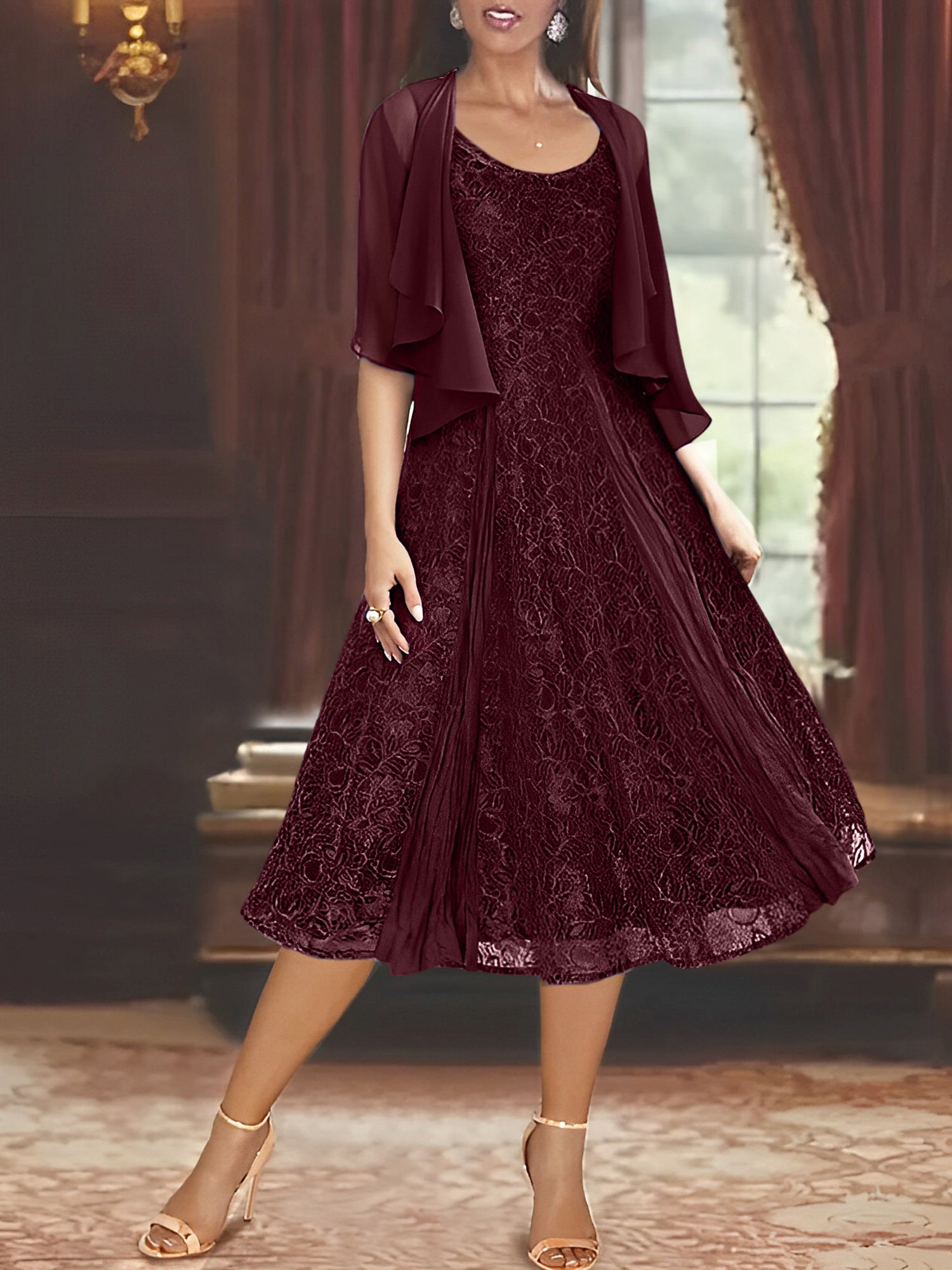 Princess A-Line Tea-Length Mother of the Bride Dress with Scoop Neck Half Sleeves Appliques and Jacket-BMbridal