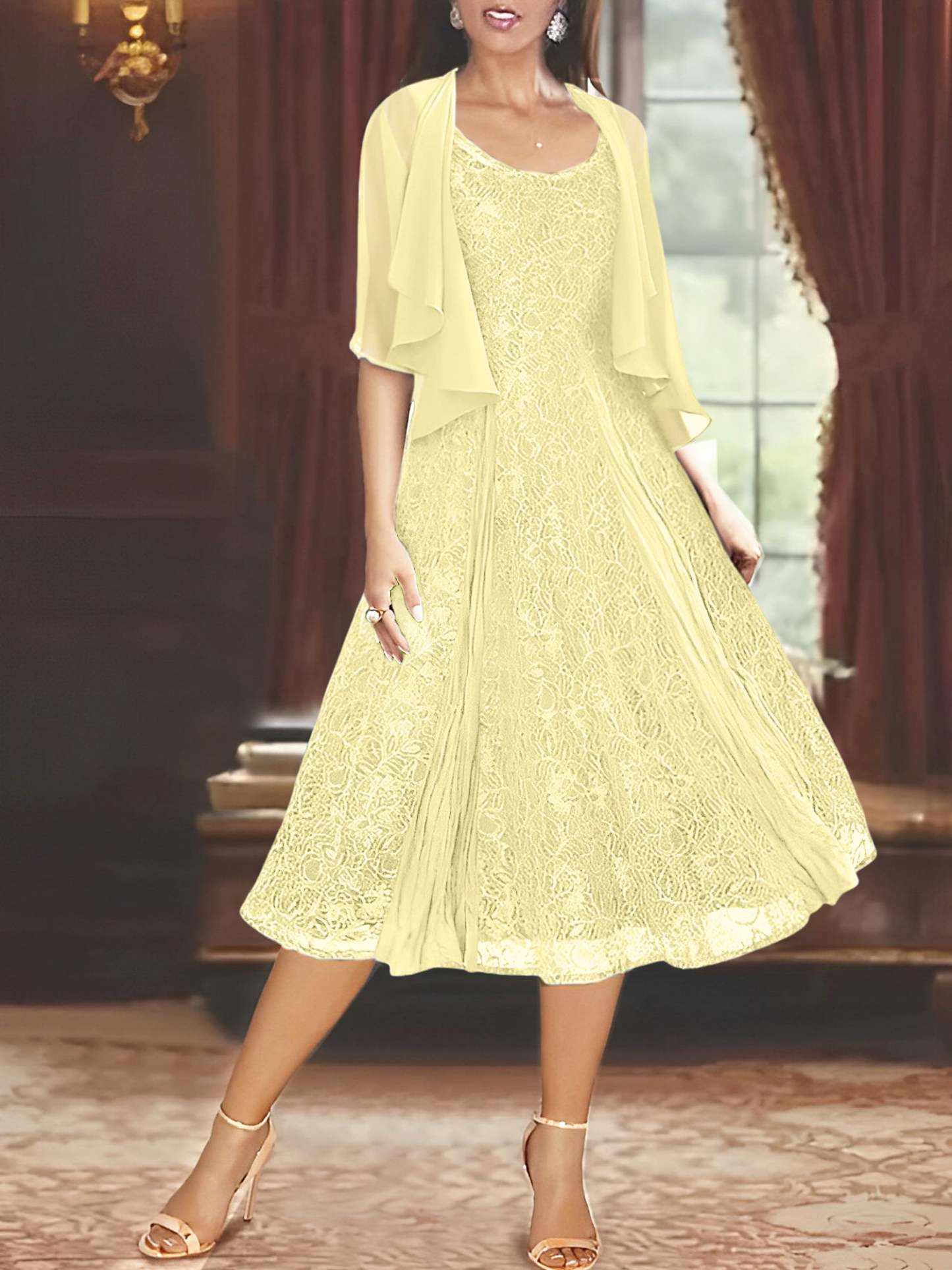 Princess A-Line Tea-Length Mother of the Bride Dress with Scoop Neck Half Sleeves Appliques and Jacket-BMbridal