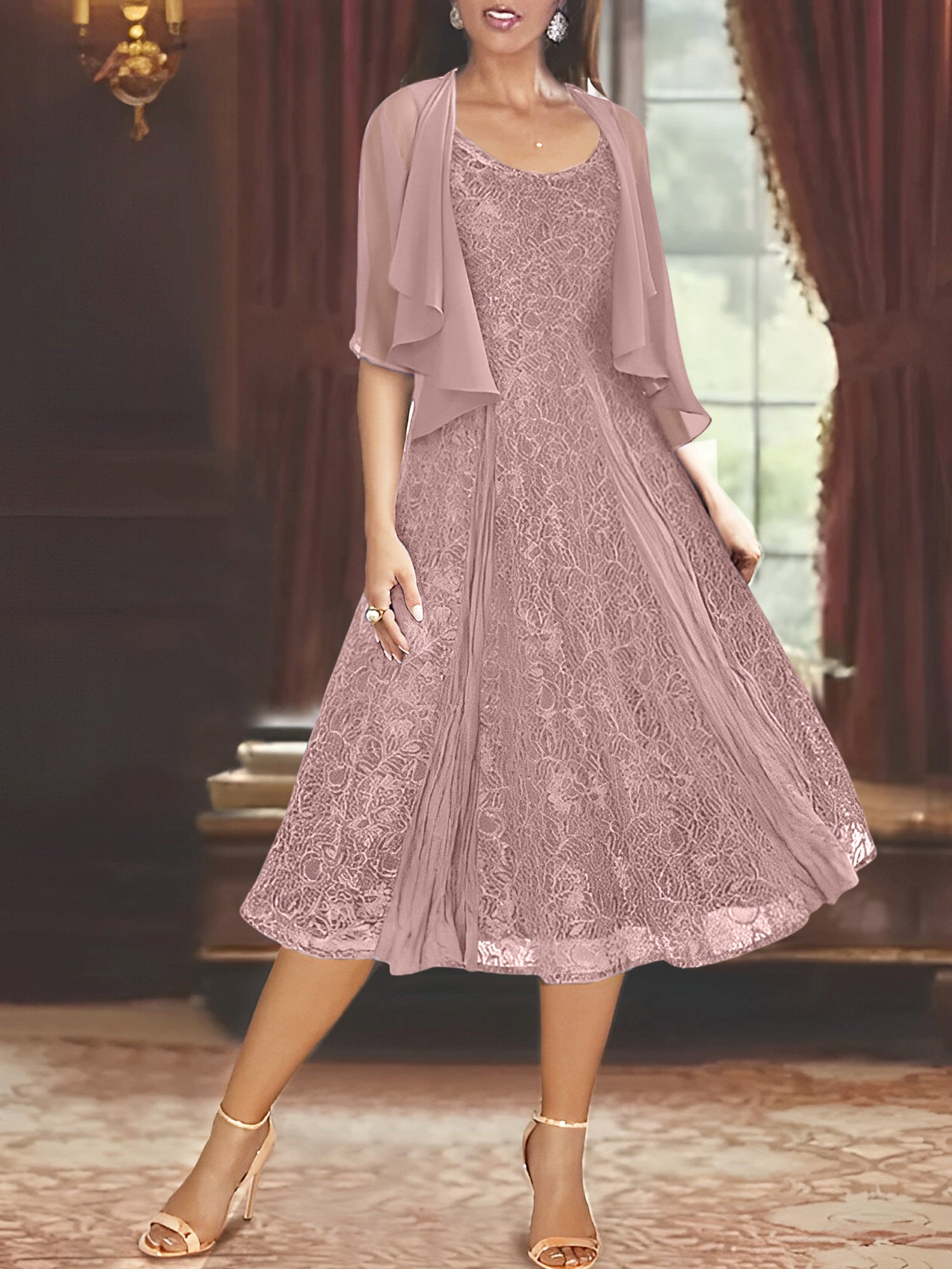 Princess A-Line Tea-Length Mother of the Bride Dress with Scoop Neck Half Sleeves Appliques and Jacket-BMbridal