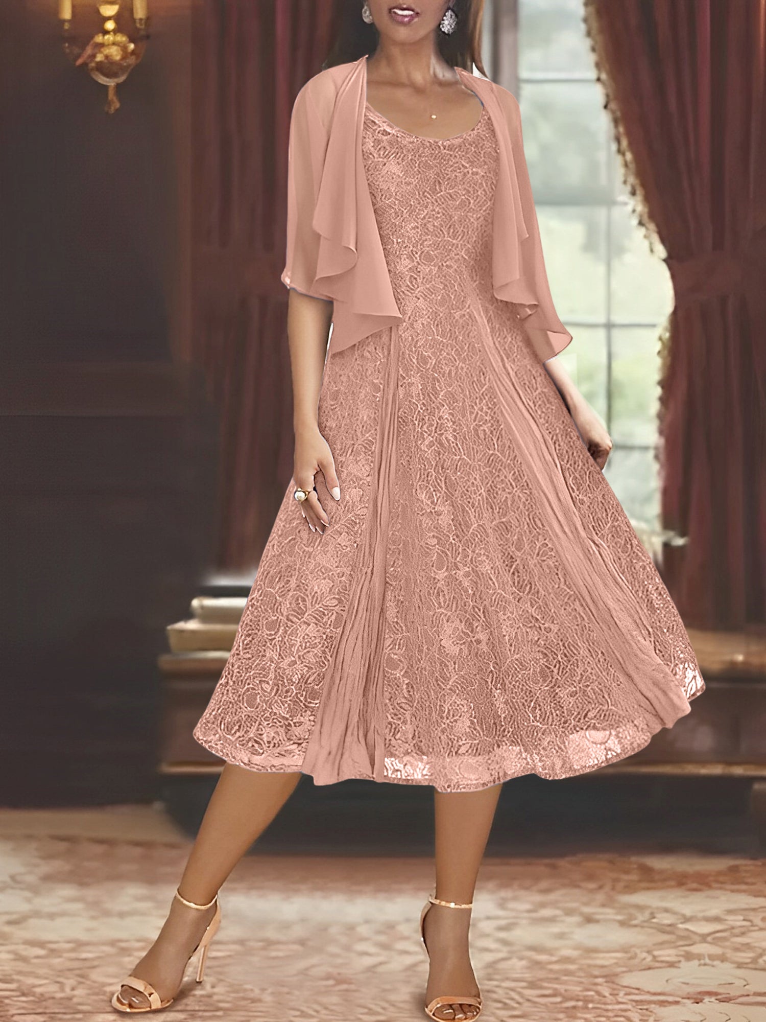 Princess A-Line Tea-Length Mother of the Bride Dress with Scoop Neck Half Sleeves Appliques and Jacket-BMbridal