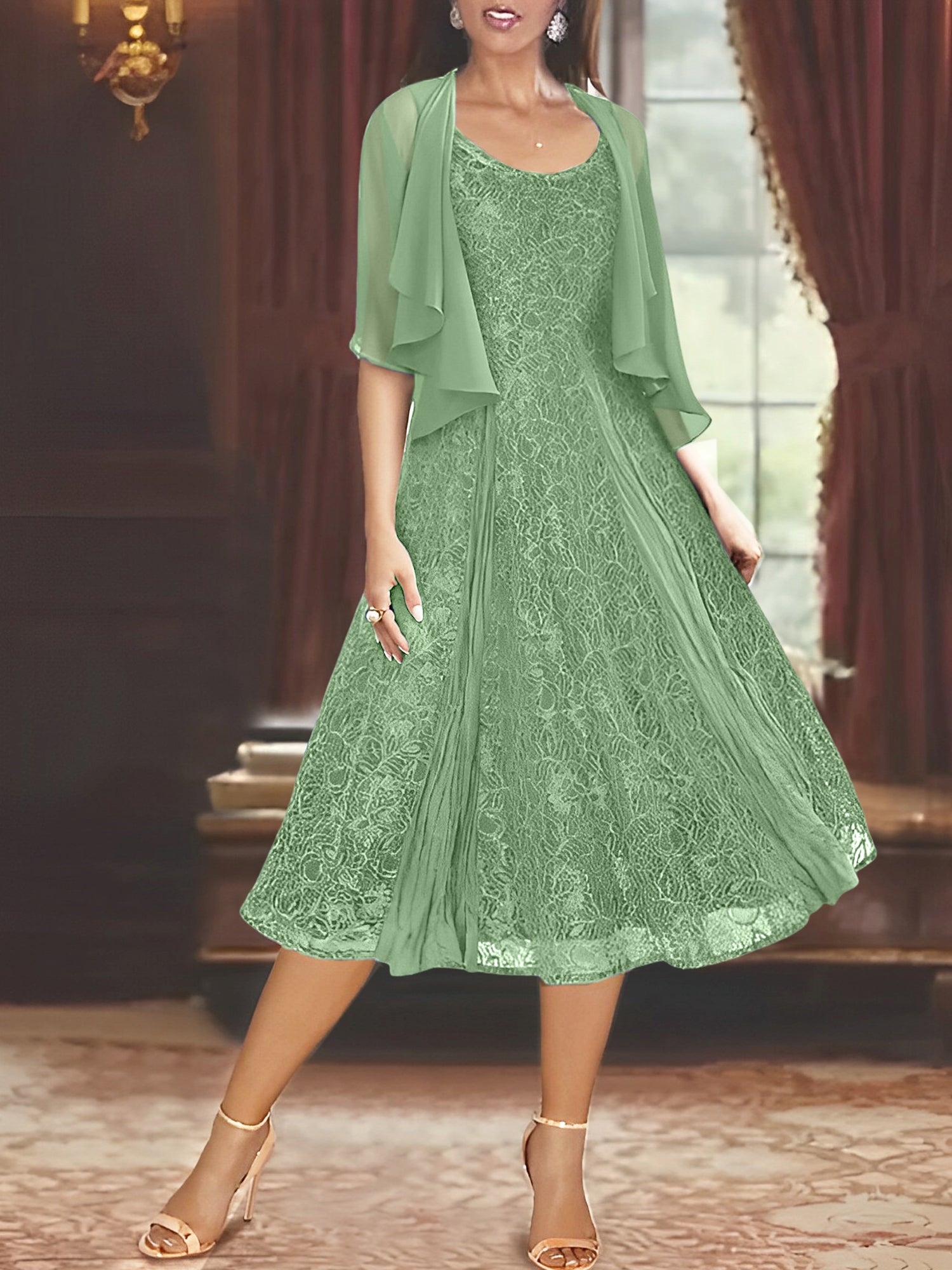 Princess A-Line Tea-Length Mother of the Bride Dress with Scoop Neck Half Sleeves Appliques and Jacket-BMbridal